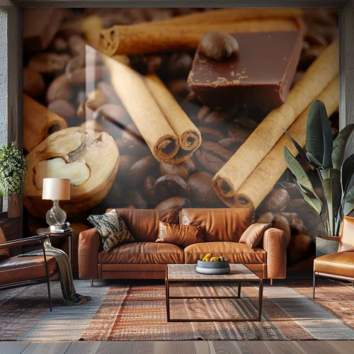 Fotomurali Premium Sand - Concerto di sapori - Gastronomia, Cioccolato, Chicchi di caffè - 250x175 cm