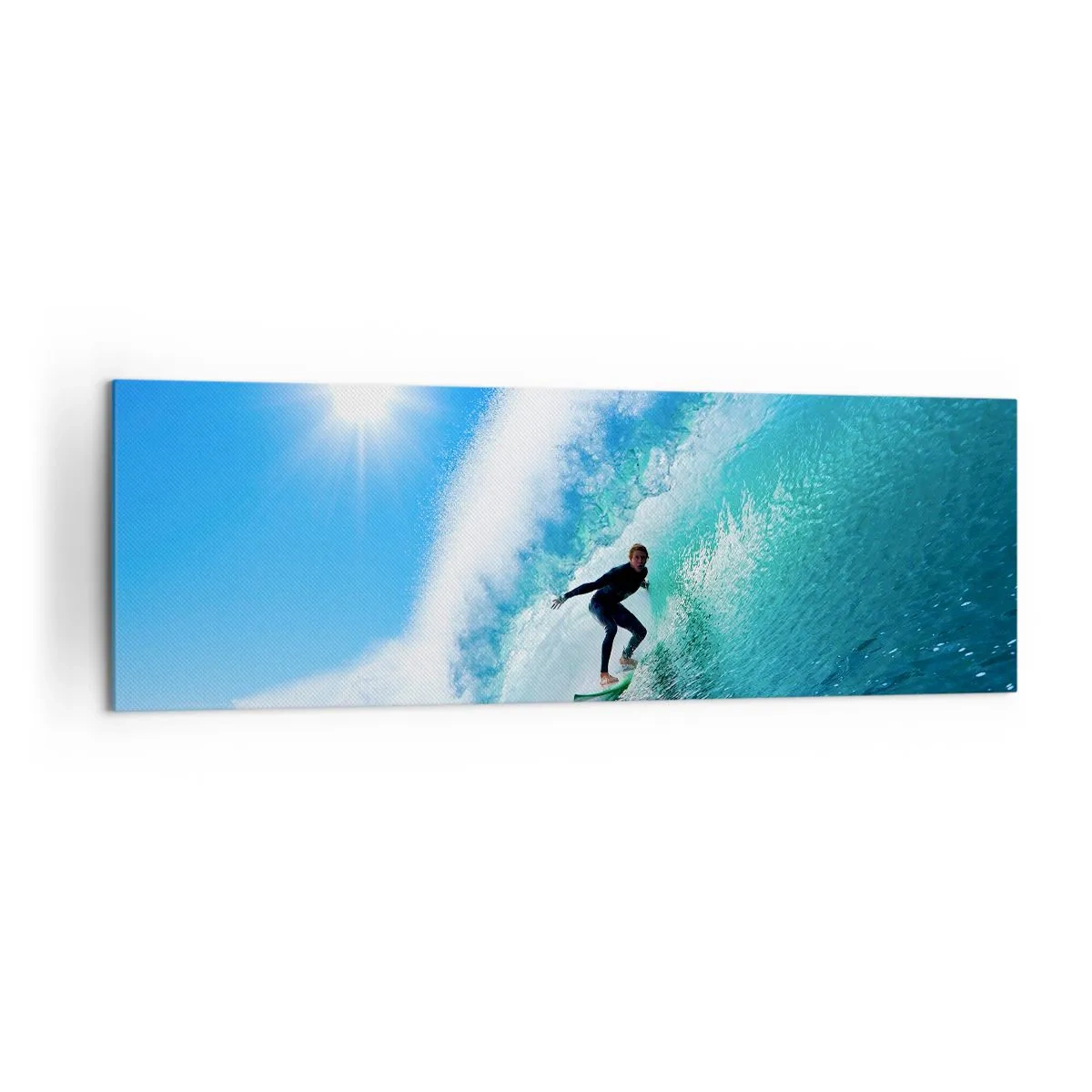 Quadro su tela - Stampe su Tela - Un surfista su una tavola cavalca un'onda potente sotto un cielo azzurro. - 160x50cm - Attraverso il grande blu - Decorazione murale moderna per soggiorno e camera da letto ARTTOR