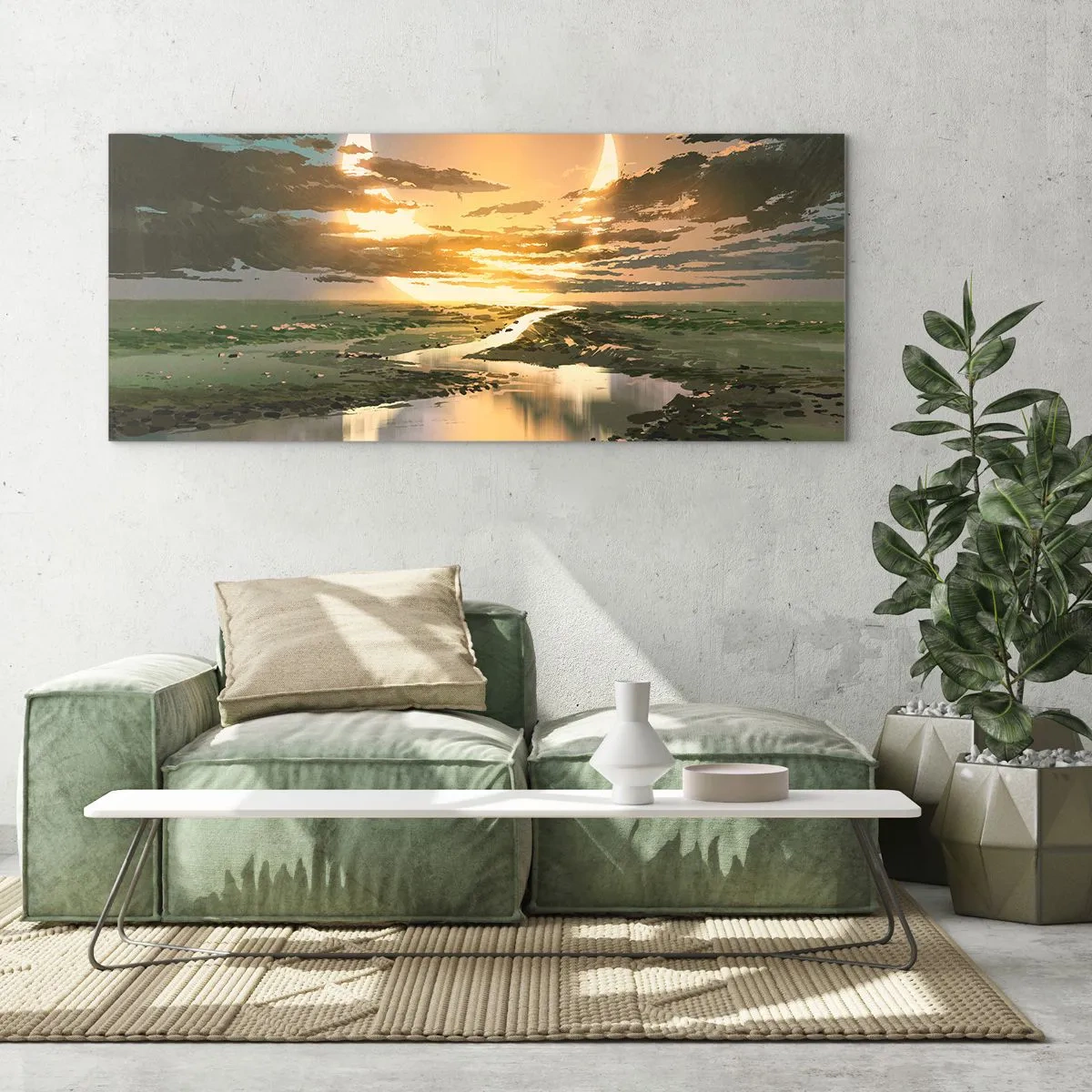 Quadro su vetro - Un paesaggio fantastico con due lune all'orizzonte - 160x50cm - Da qualche parte in una galassia lontana - Decorazione murale moderna per soggiorno e camera da letto ARTTOR