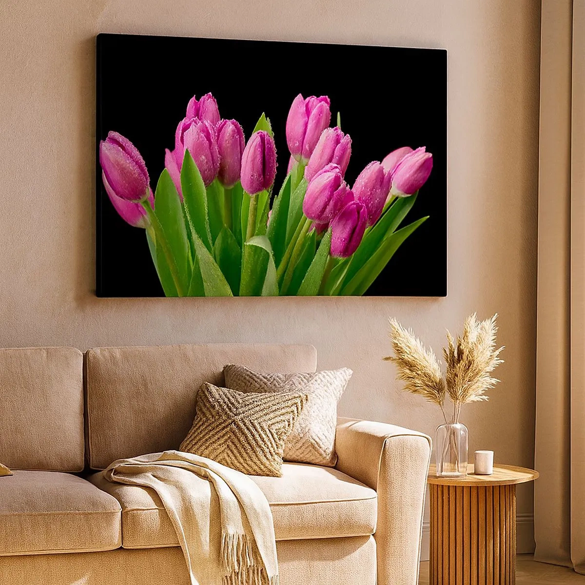 Quadro su tela - Stampe su Tela - Tulipani rosa con gocce di rugiada su sfondo nero - 70x50cm - Gioia lilla della primavera - Decorazione murale moderna per soggiorno e camera da letto ARTTOR
