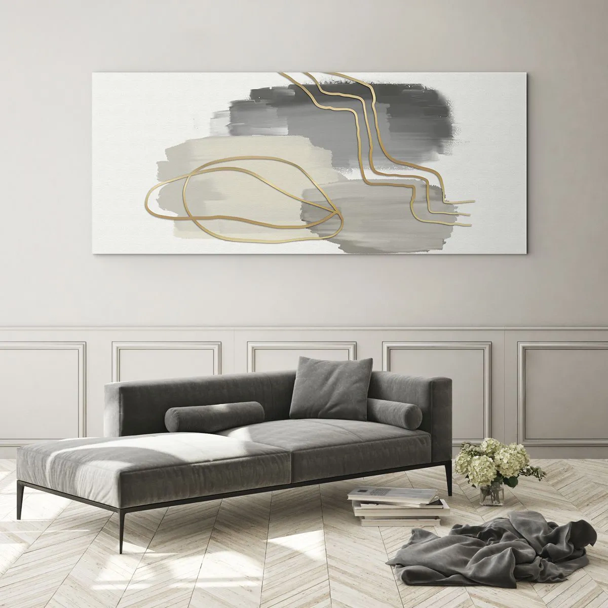 Quadro su vetro - Linee dorate astratte su sfondo grigio - 120x50cm - Durata e movimento - Decorazione murale moderna per soggiorno e camera da letto ARTTOR