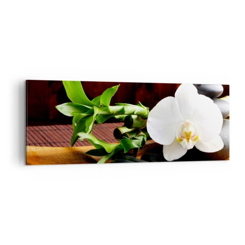 Quadro su tela - Stampe su Tela - Orchidea bianca con bambù su sfondo di pietra in stile Zen - 140x50cm - Lasciati toccare dalla natura - Decorazione murale moderna per soggiorno e camera da letto ARTTOR