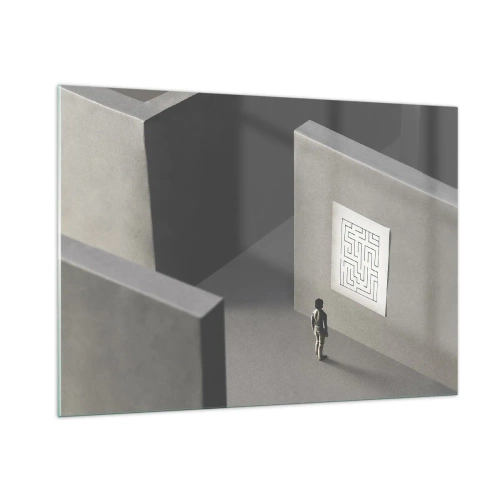 Quadro su vetro - Bambino in un labirinto con un simbolo di indovinello - 100x70cm - Ma dove mi trovo? - Decorazione murale moderna per soggiorno e camera da letto ARTTOR
