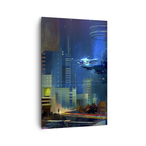 Quadro su tela - Stampe su Tela - Città futuristica di notte con luci al neon e un veicolo volante - 80x120cm - In un futuro non lontano - Decorazione murale moderna per soggiorno e camera da letto ARTTOR