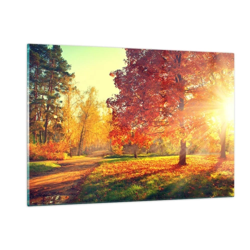 Quadro su vetro - Vicolo autunnale con raggi di sole - 120x80cm - Rosso è bello - Decorazione murale moderna per soggiorno e camera da letto ARTTOR