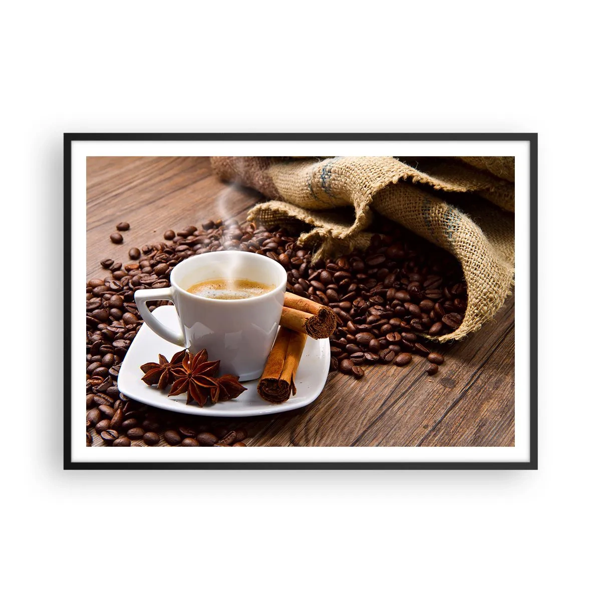 Poster in cornice nera - Una tazza di caffè con cannella e anice su uno sfondo di chicchi di caffè - 100x70cm - Sapore e profumo speziato - Decorazione murale moderna per soggiorno e camera da letto ARTTOR