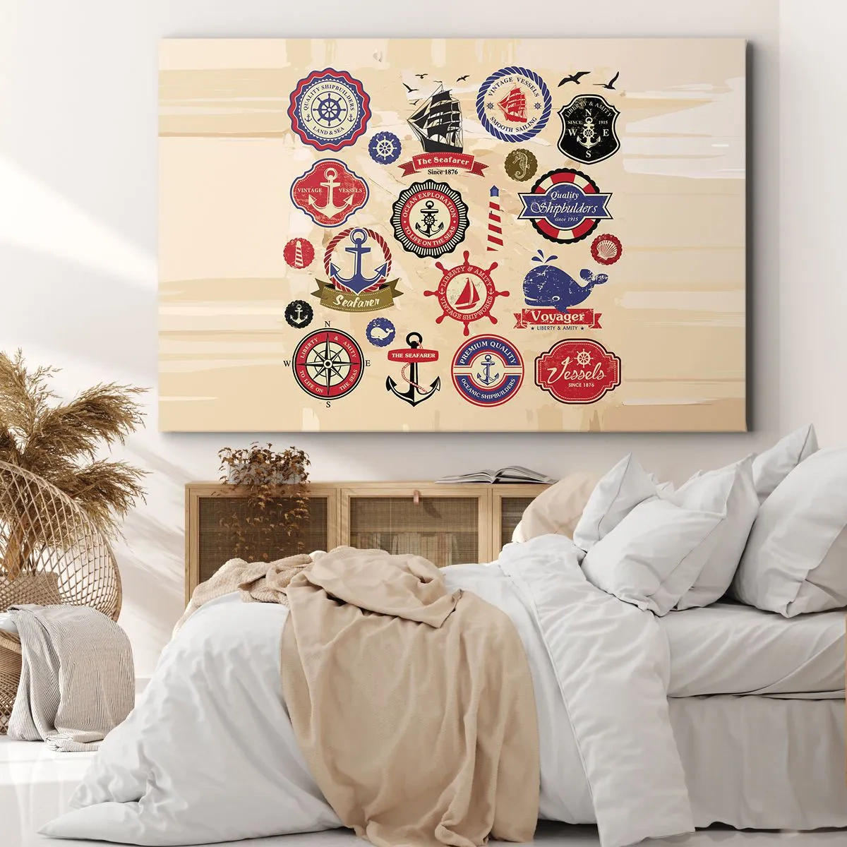 Quadro su tela - Stampe su Tela - Una raccolta di grafici e simboli nautici su uno sfondo chiaro - 70x50cm - Fratellanza di vela - Decorazione murale moderna per soggiorno e camera da letto ARTTOR
