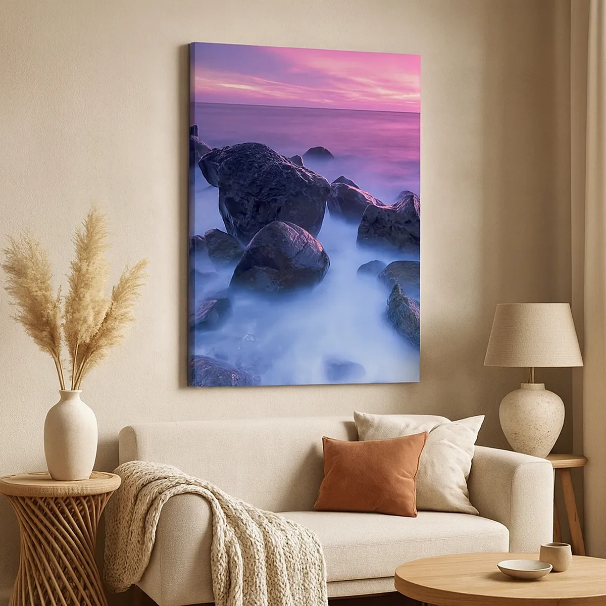 Quadro su tela - Stampe su Tela - Costa rocciosa al tramonto - 50x70cm - Nascita nella luce e nella nebbia - Decorazione murale moderna per soggiorno e camera da letto ARTTOR