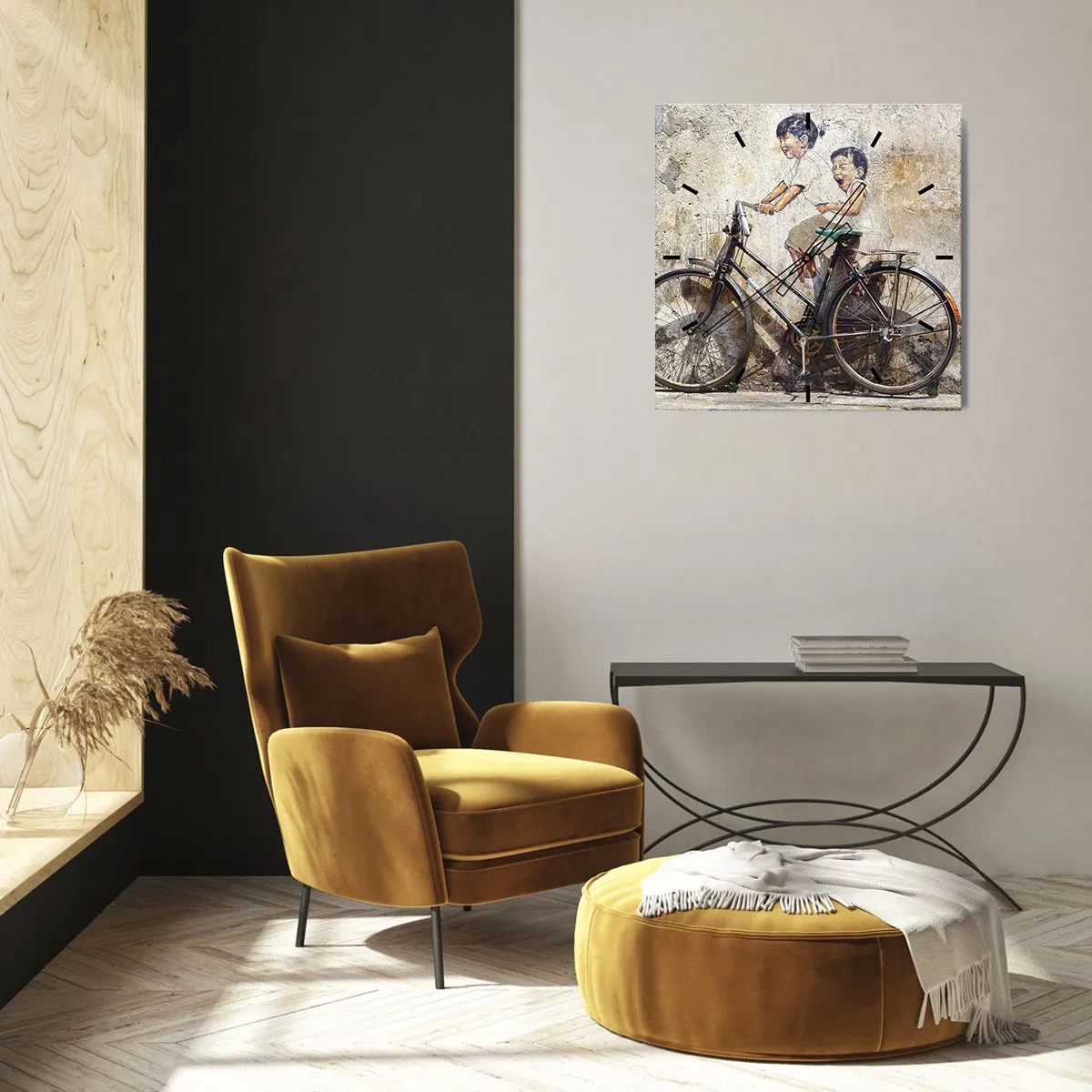 Orologio da parete - Orologio in Vetro - Street art con una bicicletta e disegni di bambini sul muro - 30x30cm - Vero o falso? - Decorazione murale moderna per soggiorno e camera da letto ARTTOR