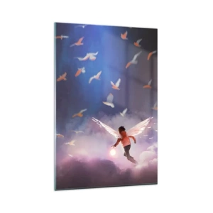 Quadro su vetro - Una figura con ali d'angelo che fluttua tra gli uccelli nel cielo - 80x120cm - Bisogna avere fantasia e coraggio - Decorazione murale moderna per soggiorno e camera da letto ARTTOR