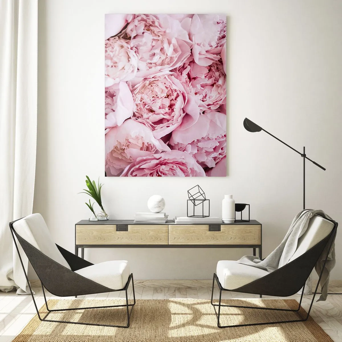 Quadro su vetro - Primo piano di un bouquet di peonie rosa chiaro - 50x70cm - Morbide e profumate - Decorazione murale moderna per soggiorno e camera da letto ARTTOR