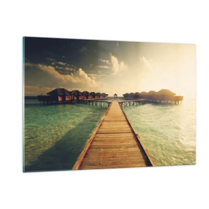 Quadro su vetro - Il molo che conduce ai cottage sul lungomare al tramonto - 120x80cm - Caldo invito - Decorazione murale moderna per soggiorno e camera da letto ARTTOR