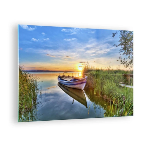 Quadro su vetro - Una barca ormeggiata sulla riva di un lago al tramonto - 70x50cm - L'insenatura dei sogni realizzati - Decorazione murale moderna per soggiorno e camera da letto ARTTOR
