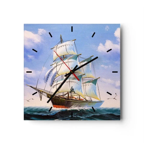 Orologio da parete - Orologio in Vetro - Una nave a vela in mare aperto sotto un cielo azzurro - 30x30cm - Con orgoglio nel vento - Decorazione murale moderna per soggiorno e camera da letto ARTTOR