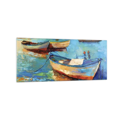 Quadro su vetro - Barche colorate ormeggiate in acque calme - 120x50cm - Nella baia del sud - Decorazione murale moderna per soggiorno e camera da letto ARTTOR