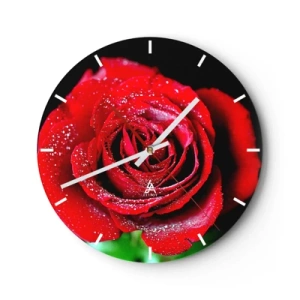 Orologio da parete - Orologio in Vetro - Una rosa rossa ricoperta di gocce di rugiada - 30x30cm - Ecco l'amore - Decorazione murale moderna per soggiorno, cucina e camera da letto ARTTOR