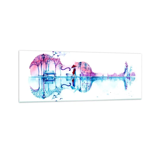 Quadro su vetro - Silhouette di città a forma di violino nei colori dell'acquerello - 140x50cm - Vi porto un cantico di pioggia - Decorazione murale moderna per soggiorno e camera da letto ARTTOR