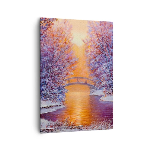 Quadro su tela - Stampe su Tela - Paesaggio invernale con ponte e tramonto - 50x70cm - Incontriamoci qui - Decorazione murale moderna per soggiorno e camera da letto ARTTOR