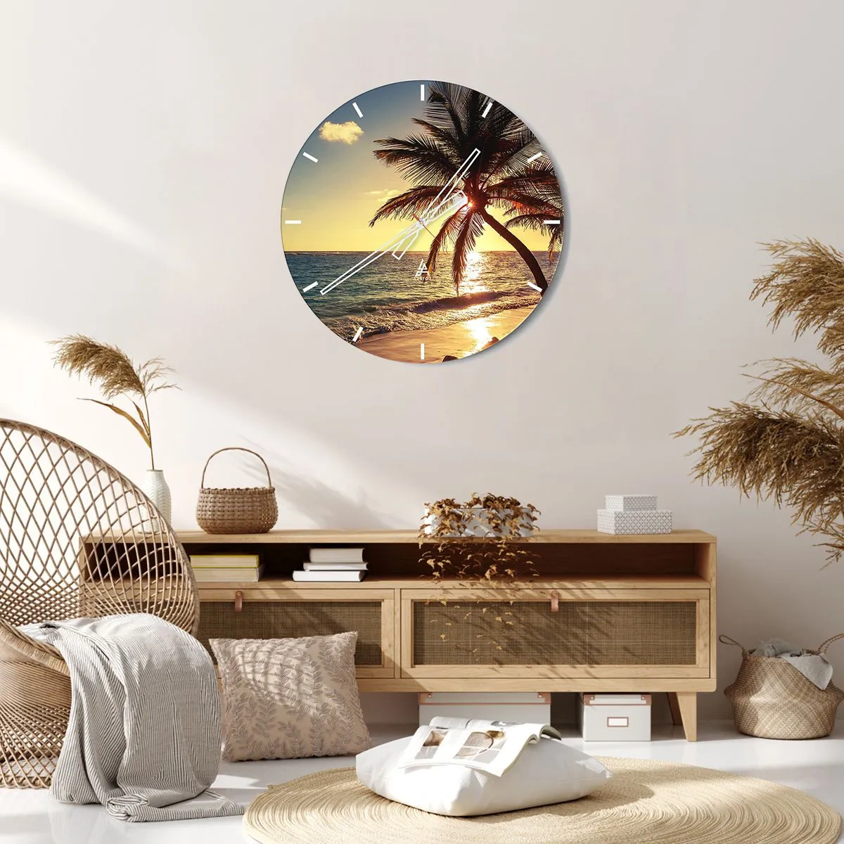 Orologio da parete - Orologio in Vetro - Spiaggia di palme al tramonto su un oceano calmo - 30x30cm - Estate sotto le palme - Decorazione murale moderna per soggiorno, cucina e camera da letto ARTTOR