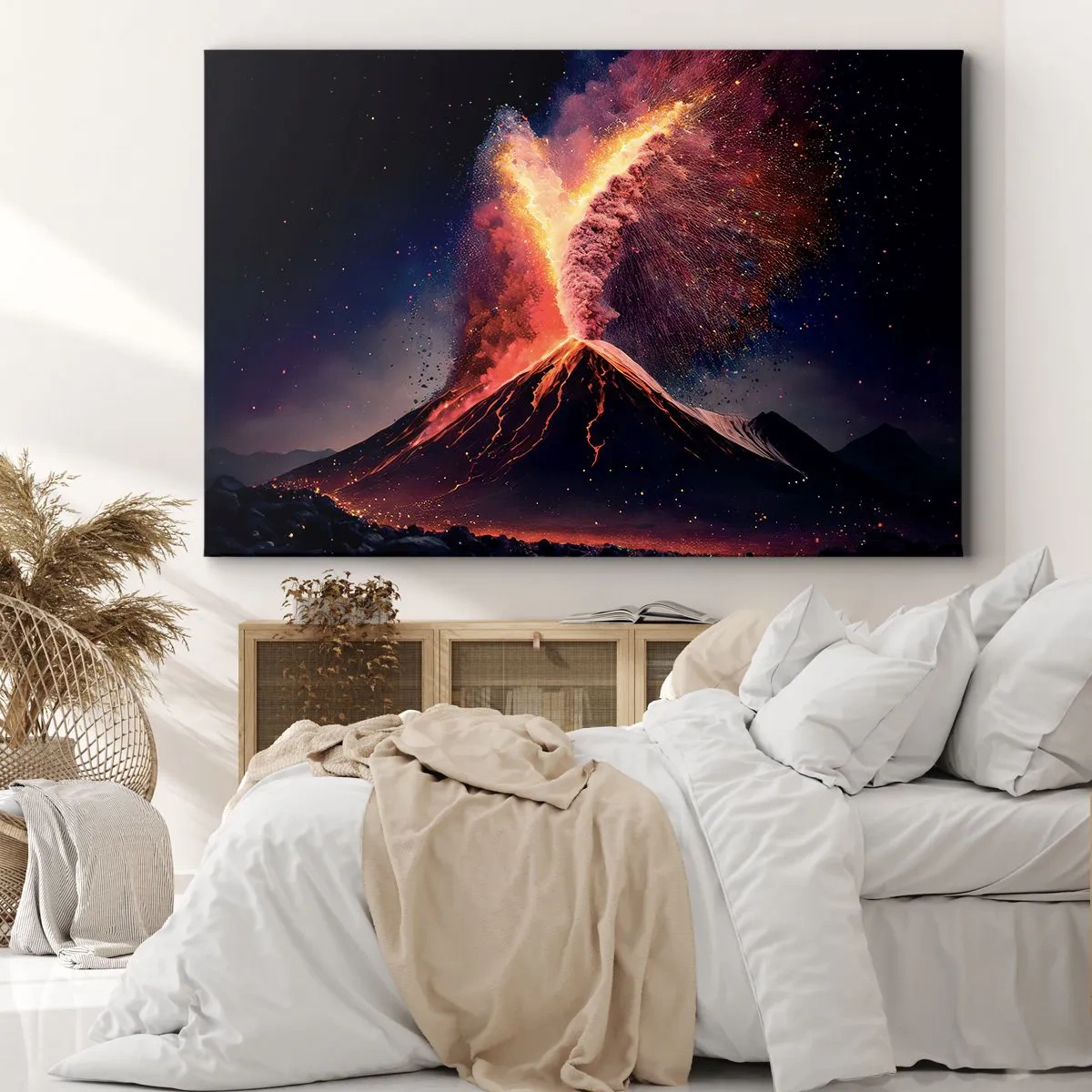 Quadro su tela - Stampe su Tela - Un'eruzione vulcanica unica di notte con colori dinamici. - 70x50cm - Bellezza e minaccia - Decorazione murale moderna per soggiorno e camera da letto ARTTOR