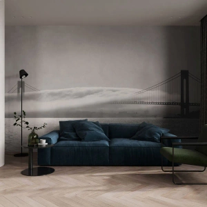 Fotomurali Premium Canvas - Un ponte sull'acqua avvolto nella nebbia in uno scatto in bianco e nero - 100x70cm - Navigare attraverso la Porta d'Oro - Decorazione murale moderna per soggiorno e camera da letto ARTTOR