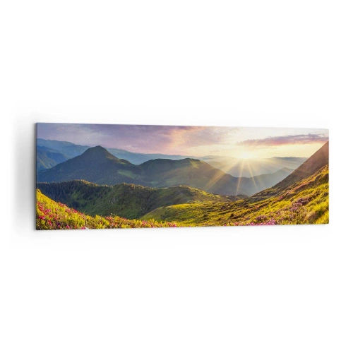 Quadro su tela - Stampe su Tela - Paesaggio montano con rododendri in fiore - 160x50cm - La freschezza di un mattino sui monti - Decorazione murale moderna per soggiorno e camera da letto ARTTOR