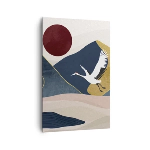 Quadro su tela - Stampe su Tela - Gru in volo sullo sfondo di montagne e un sole rosso - 80x120cm - E la giornata è nuovamente VOLATA - Decorazione murale moderna per soggiorno e camera da letto ARTTOR
