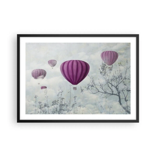 Poster in cornice nera - Palloncini viola che fluttuano sopra gli alberi tra le nuvole - 70x50cm - Come navi nel cielo - Decorazione murale moderna per soggiorno e camera da letto ARTTOR