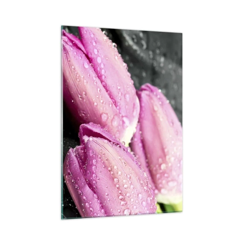 Quadro su vetro - Tre tulipani rosa ricoperti di gocce d'acqua su uno sfondo nero. - 50x70cm - Una terna lilla su pietra nera - Decorazione murale moderna per soggiorno e camera da letto ARTTOR
