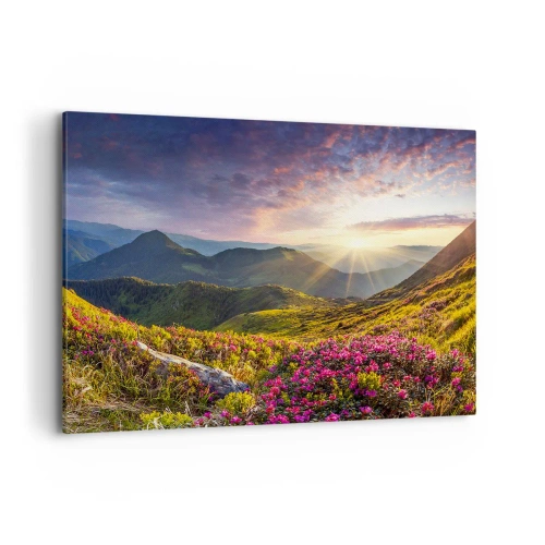 Quadro su tela - Stampe su Tela - Paesaggio montano con rododendri in fiore - 120x80cm - La freschezza di un mattino sui monti - Decorazione murale moderna per soggiorno e camera da letto ARTTOR