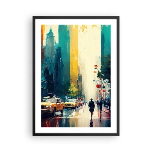 Poster in cornice nera - Una strada colorata di una grande città con taxi gialli - 50x70cm - New York: qui anche la pioggia è colorata - Decorazione murale moderna per soggiorno e camera da letto ARTTOR