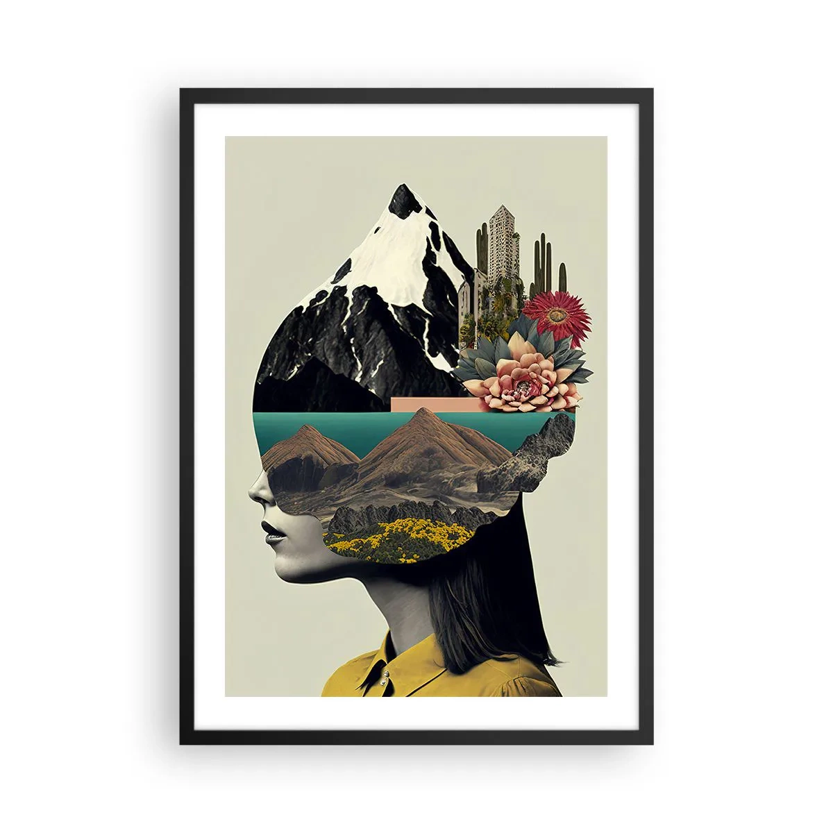 Poster in cornice nera - Una donna con un paesaggio surreale nella testa - 50x70cm - La donna è sempre un mistero - Decorazione murale moderna per soggiorno e camera da letto ARTTOR