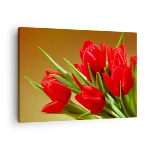 Quadro su tela - Stampe su Tela - Un bouquet di tulipani rossi su uno sfondo dorato con foglie verdi. - 70x50cm - Un mazzo di gioia primaverile - Decorazione murale moderna per soggiorno e camera da letto ARTTOR