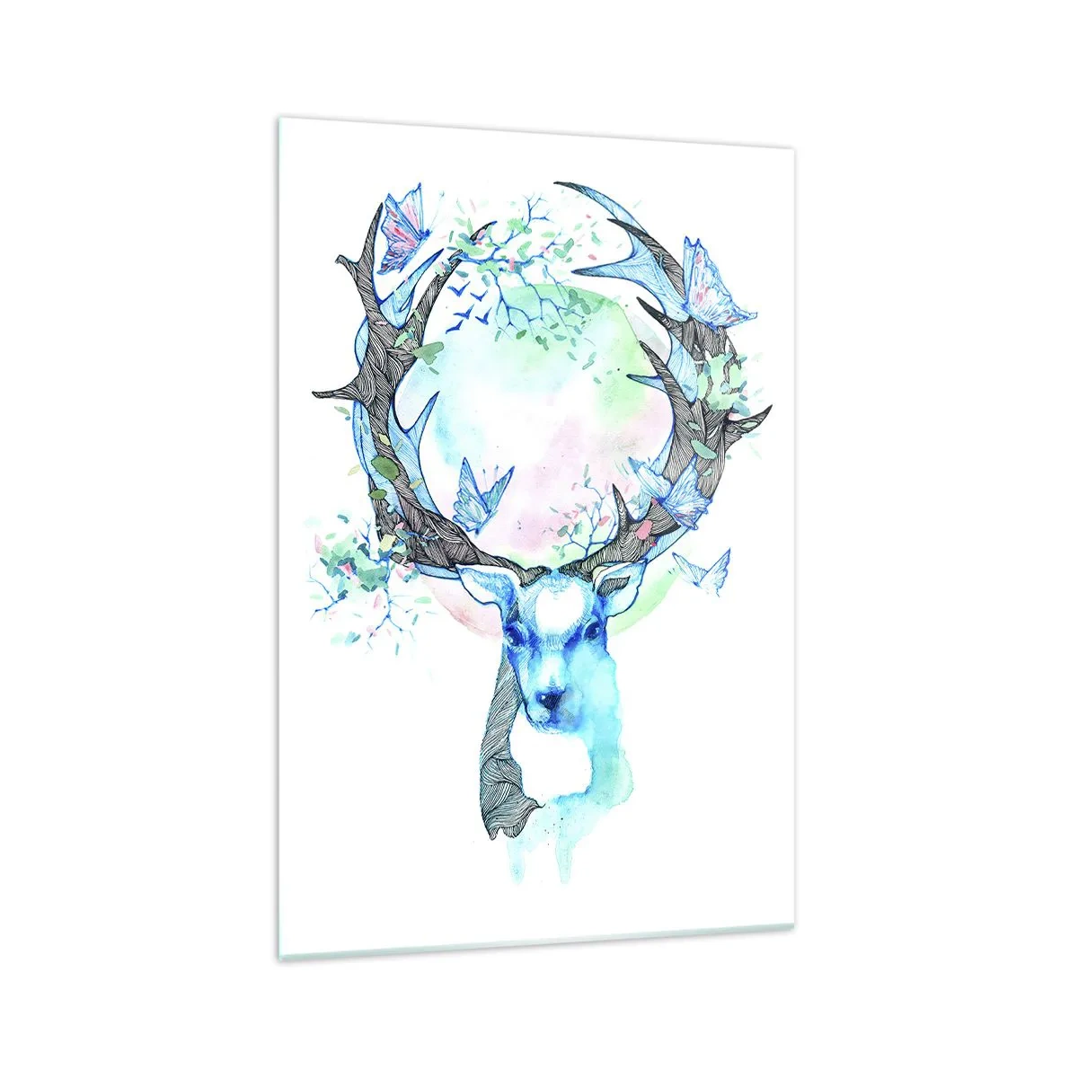 Quadro su vetro - Una grafica stravagante di un cervo con un motivo naturale e a farfalla - 70x100cm - La forza e la delicatezza della natura - Decorazione murale moderna per soggiorno e camera da letto ARTTOR