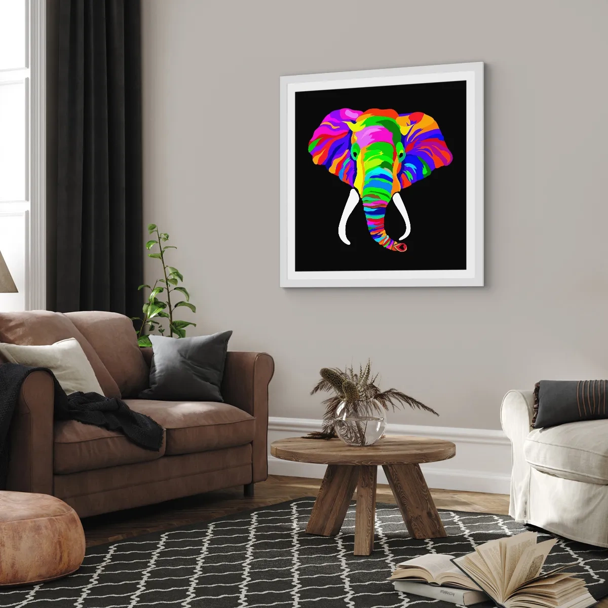 Poster in cornice bianca - L'elefante che faceva il bagno nell'arcobaleno - 30x30 cm