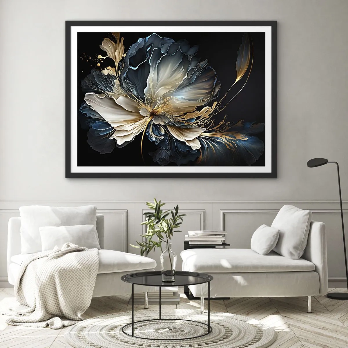 Poster in cornice nera - Un fiore nei toni dell'oro e del blu navy su uno sfondo nero - 70x50cm - Fantastico fiore di felce - Decorazione murale moderna per soggiorno e camera da letto ARTTOR