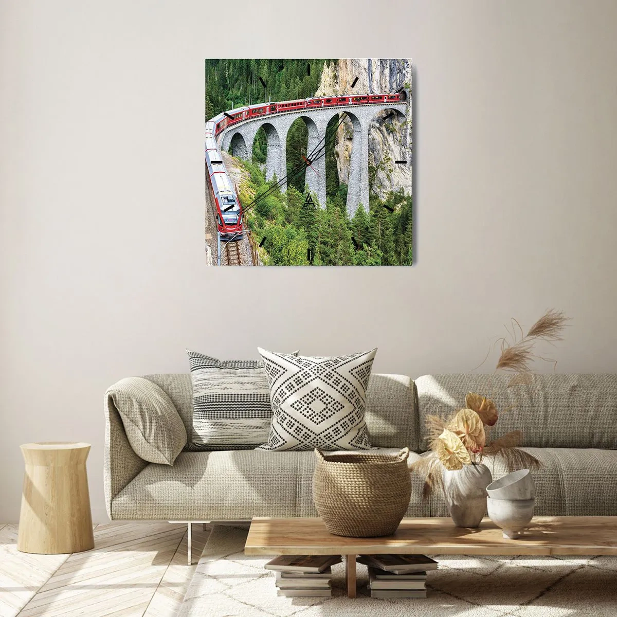 Orologio da parete - Orologio in Vetro - Un treno su un pittoresco viadotto in un paesaggio montuoso - 30x30cm - Il treno tra i monti - Decorazione murale moderna per soggiorno e camera da letto ARTTOR
