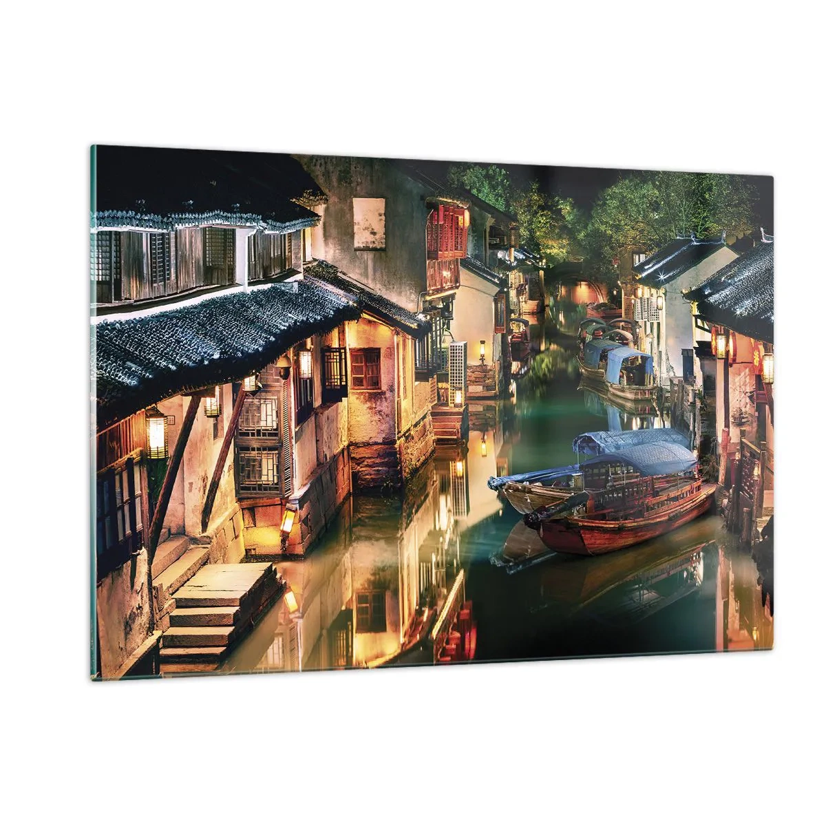 Quadro su vetro - Strada cinese di notte con barche e luci lungo il canale - 120x80cm - Sera in una via cinese - Decorazione murale moderna per soggiorno e camera da letto ARTTOR