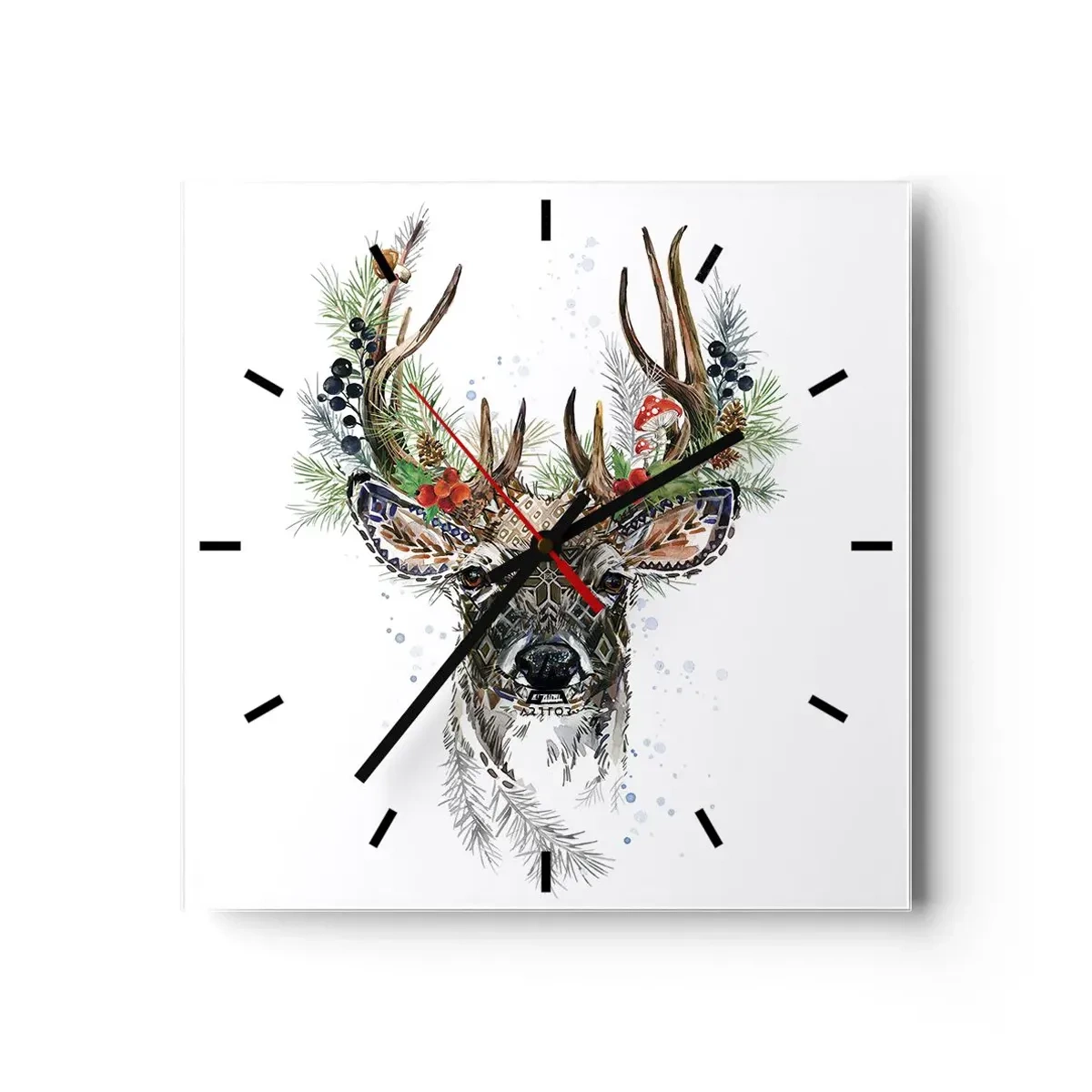 Orologio da parete - Orologio in Vetro - Cervo stilizzato con corna decorative su sfondo bianco - 30x30cm - Nell'abito della festa - Decorazione murale moderna per soggiorno e camera da letto ARTTOR