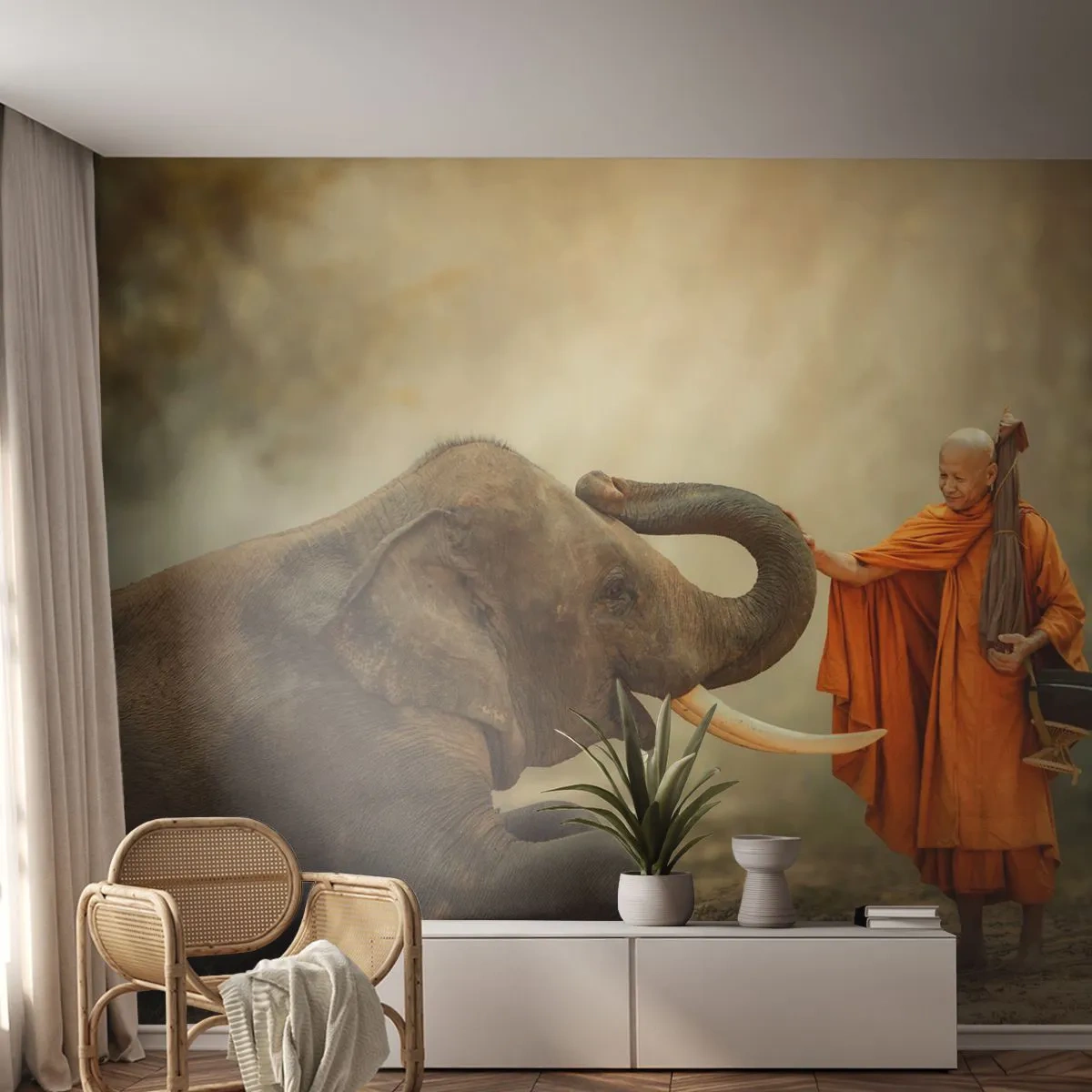 Fotomurali Premium Sand - Un monaco e un elefante in una foresta mistica - 100x70cm - Incontro nel viaggio - Decorazione murale moderna per soggiorno e camera da letto ARTTOR
