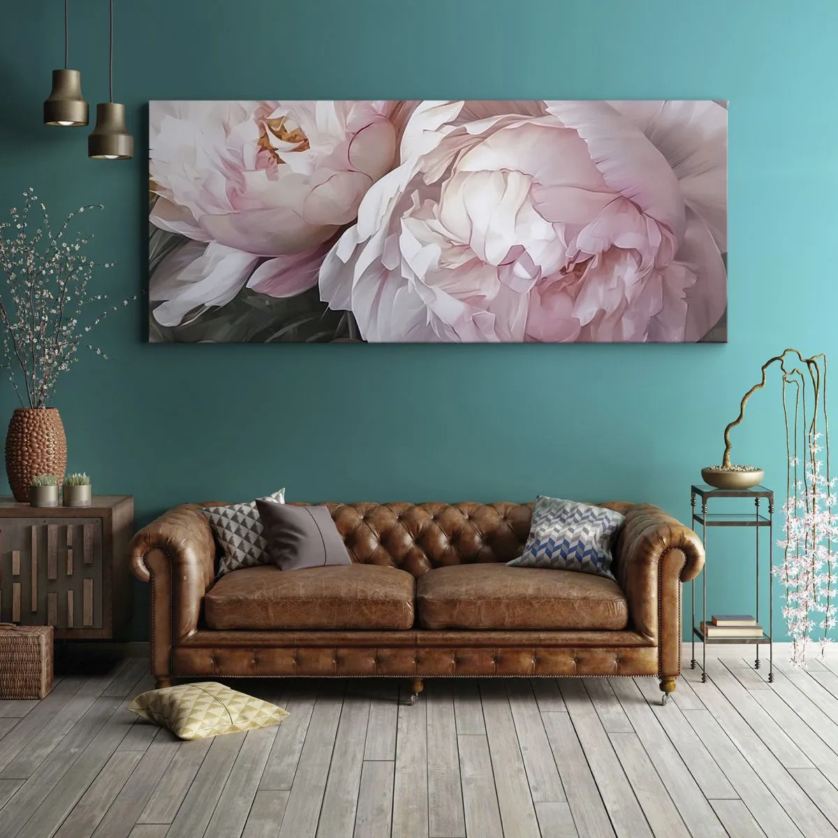 Quadro su tela - Stampe su Tela - Delicate peonie rosa in piena fioritura - 140x50cm - L'attimo della fioritura - Decorazione murale moderna per soggiorno e camera da letto ARTTOR