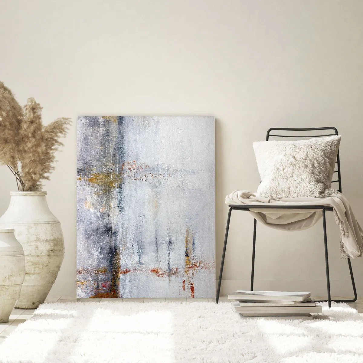 Quadro su vetro - Un dipinto astratto caratterizzato da una delicata combinazione di grigio, bianco e oro. - 50x70cm - Dietro la cortina d'aria - Decorazione murale moderna per soggiorno e camera da letto ARTTOR