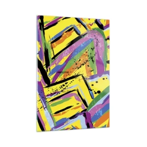 Quadro su vetro - Astrazione intensa in colori vivaci su sfondo giallo - 50x70cm - Grida di gioia - Decorazione murale moderna per soggiorno e camera da letto ARTTOR