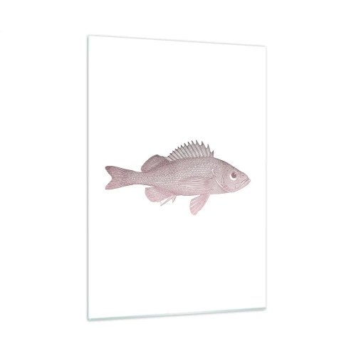 Quadro su vetro - Grafica di un pesce con un grande occhio in stile retrò su sfondo bianco - 50x70cm - Il pesce dagli occhi enormi - Decorazione murale moderna per soggiorno e camera da letto ARTTOR
