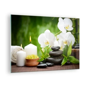 Quadro su vetro - Spa con orchidee, pietre e candele su uno sfondo verde - 70x50cm - Tocco delicato, fragrante, floreale - Decorazione murale moderna per soggiorno e camera da letto ARTTOR