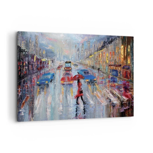 Quadro su tela - Stampe su Tela - Una donna con un ombrello in una strada piovosa, illuminata dalle luci al neon. - 120x80cm - Pomeriggio di pioggia in città - Decorazione murale moderna per soggiorno e camera da letto ARTTOR