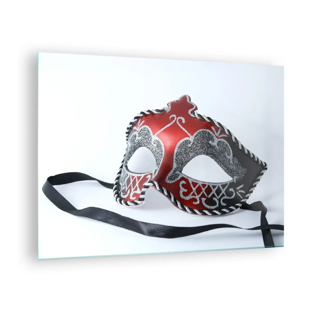 Quadro su vetro - Maschera di carnevale in rosso e argento - 70x50cm - Invito al ballo - Decorazione murale moderna per soggiorno e camera da letto ARTTOR