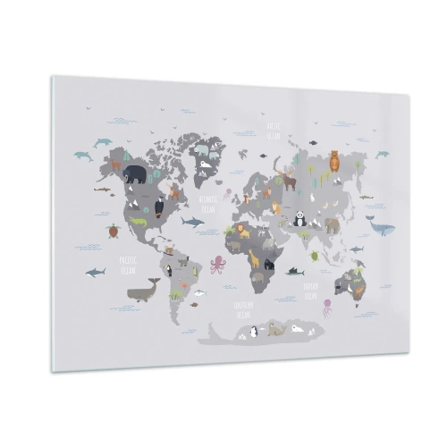 Quadro su vetro - Mappa del mondo illustrata con animali caratteristici - 100x70cm - Dimmi di dove sei... - Decorazione murale moderna per soggiorno e camera da letto ARTTOR