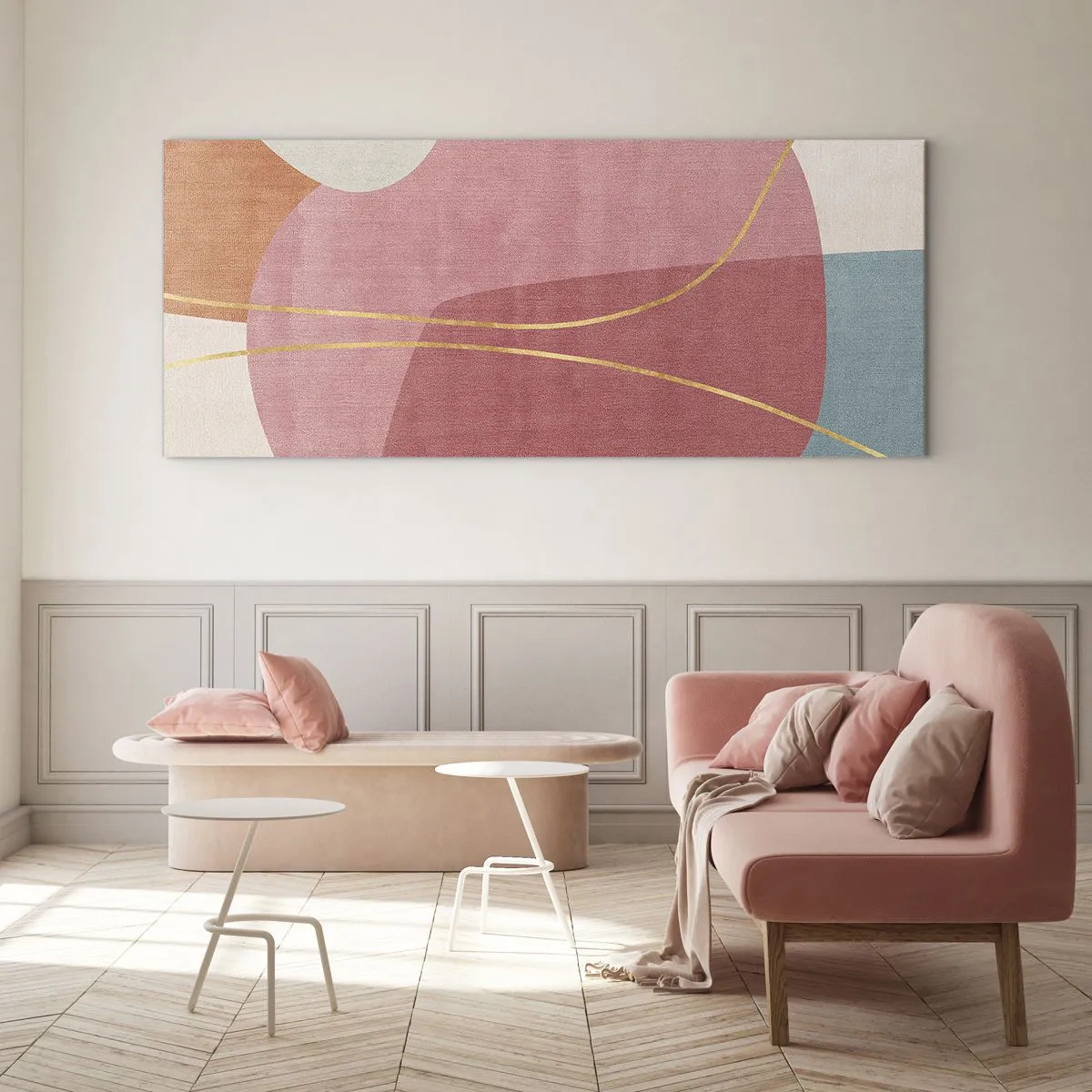 Quadro su vetro - Composizione pastello con filo dorato - 100x40 cm
