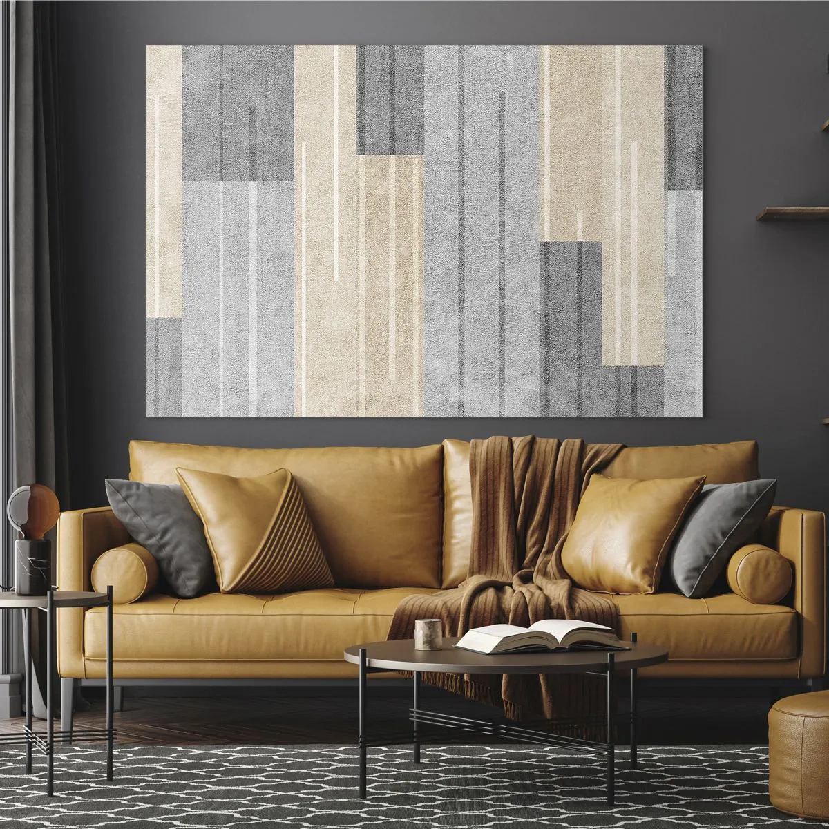 Quadro su vetro - Righe geometriche nei toni del grigio e del beige - 70x50cm - Composizione: rigare dritto - Decorazione murale moderna per soggiorno e camera da letto ARTTOR